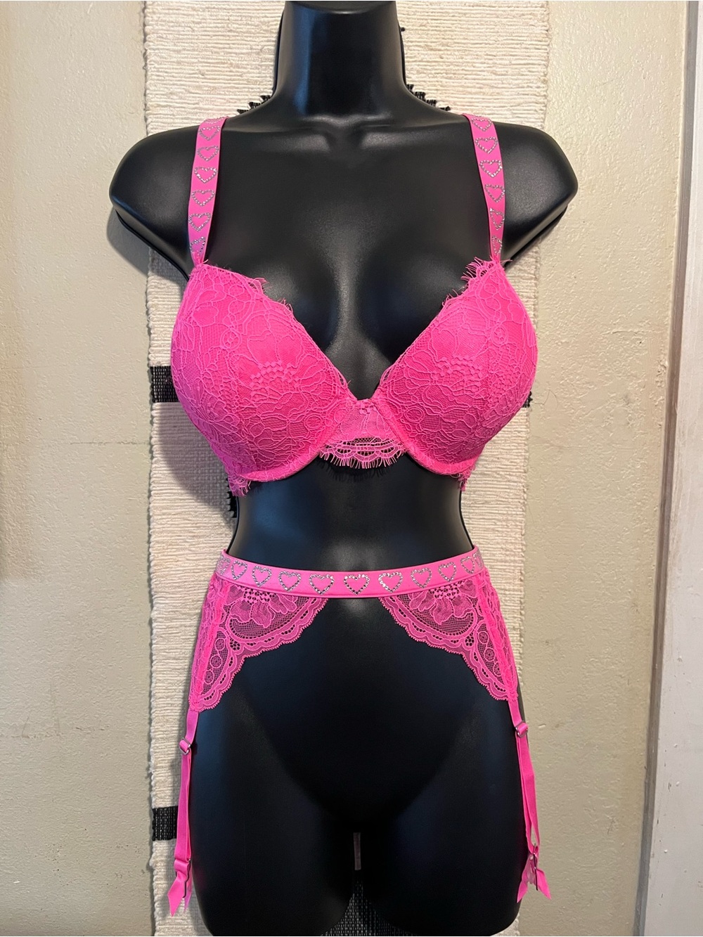 Hot Pink Lace Bra & Garter Set- Limited edition Victoria Secret